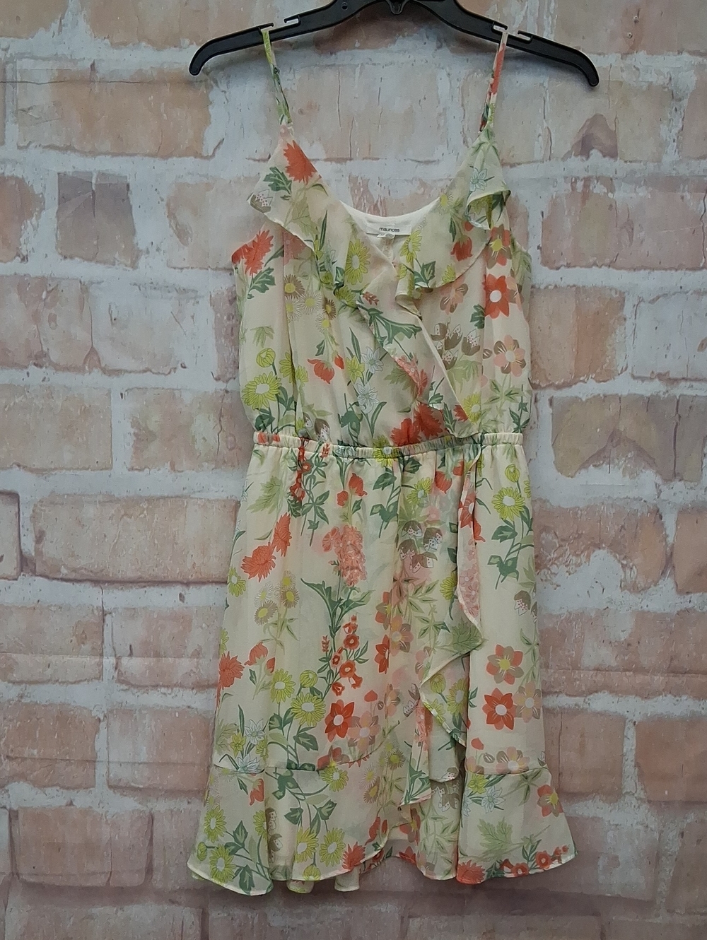 NWT Maurices Women's Cream Floral Ruffle Dress with Orange & Green Accents